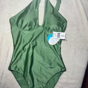 Green Halter One-Piece Swimsuit with Keyhole Detail